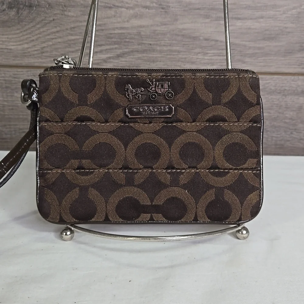 Coach Signature Dark Brown Canvas Wristlet Wallet